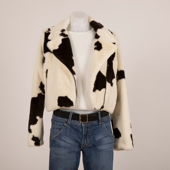 Forever 21 Cropped Faux Shearling Jacket in Ivory and Dark Brown Cow Print - Picture 1 of 6